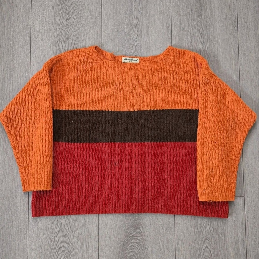 Eddie Bauer Silk Wool blend Womens Petite L Colorblock Sweater Orange Knit